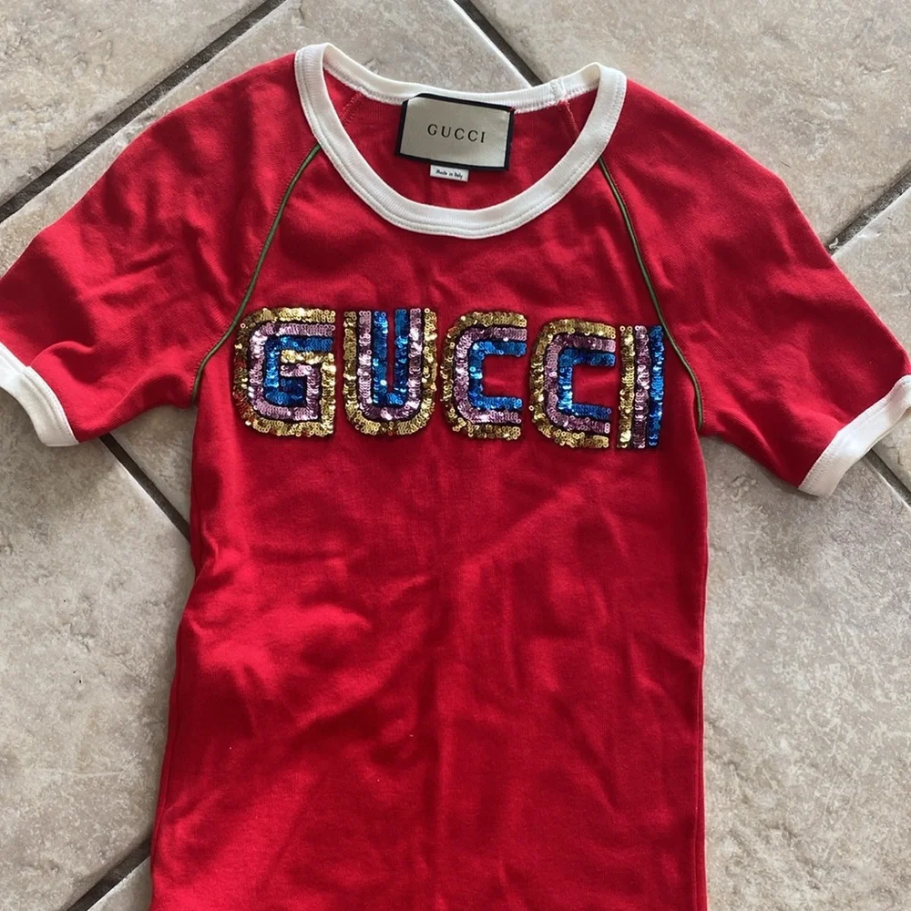 Gucci Red Sequin Logo Ringer Tee - Ribbed Jersey Knit Shirt XXS | EUC - Picture 3 of 8